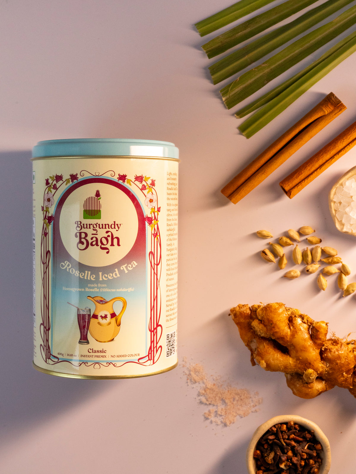 Burgundy Bagh Roselle Iced Tea tin with ginger, cinnamon and lemongrass